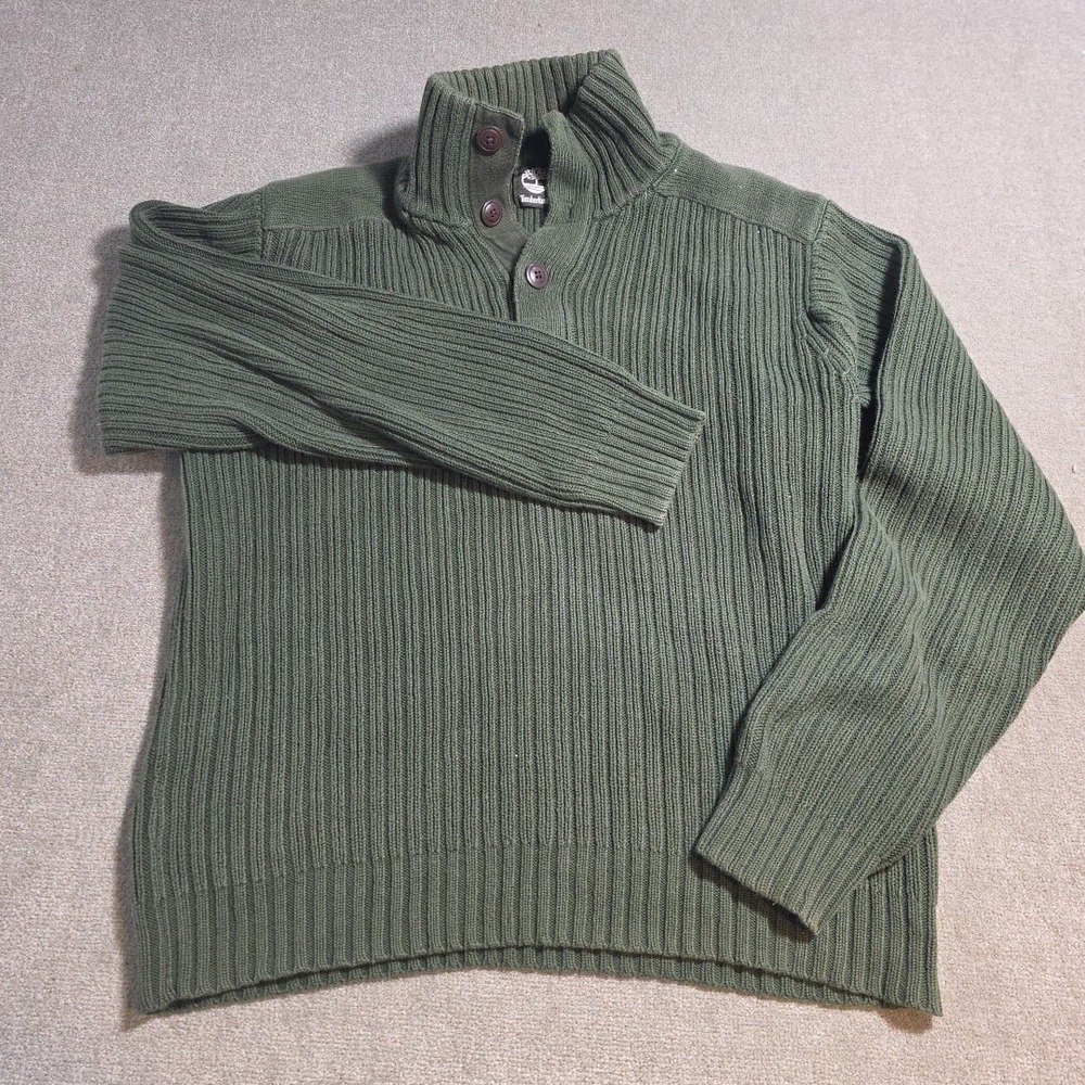 VtgTimberland Sweater Heavy Cotton Ribbed Pullover Medium Olive Green Buttom